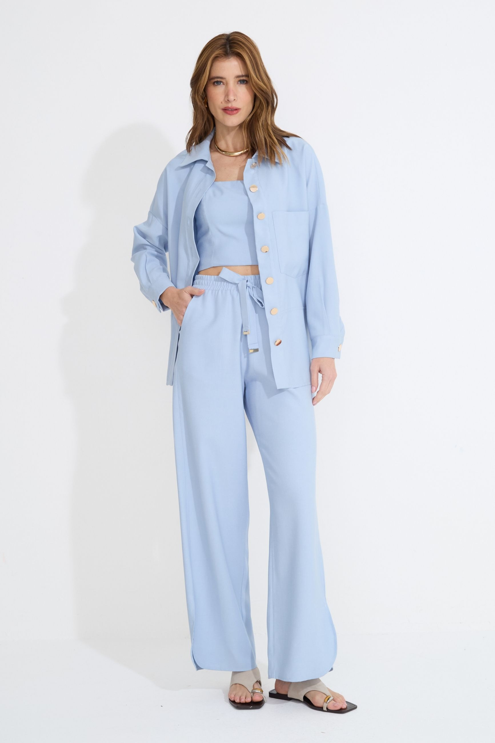 Calça Reta Amarração Cami Ice Blue