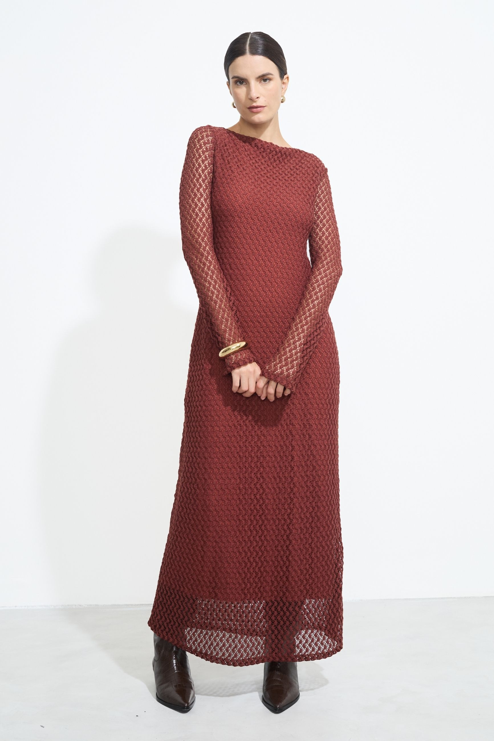 Vestido longo Crochet Marrom Canela