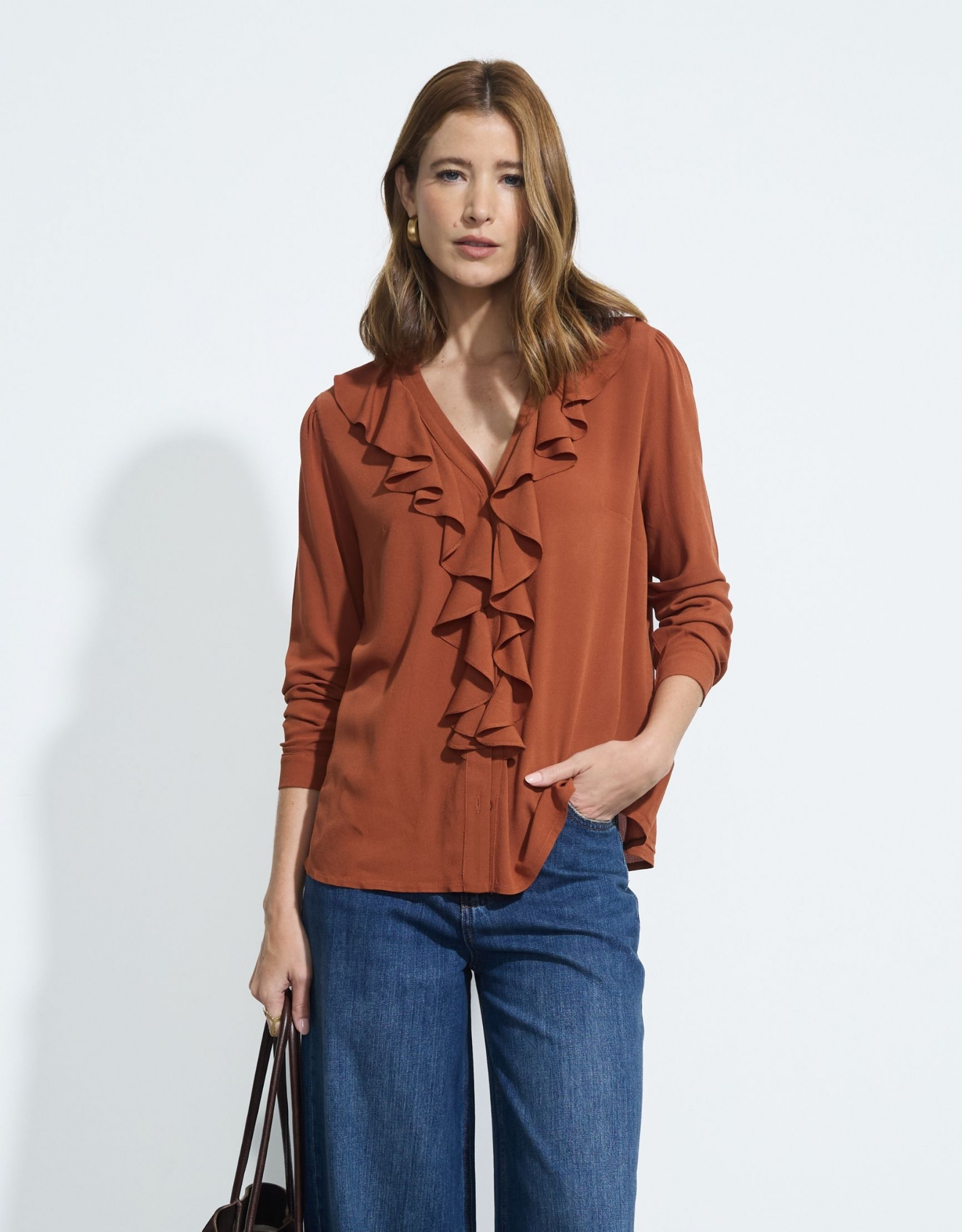 Camisa Babado Marrom Canela